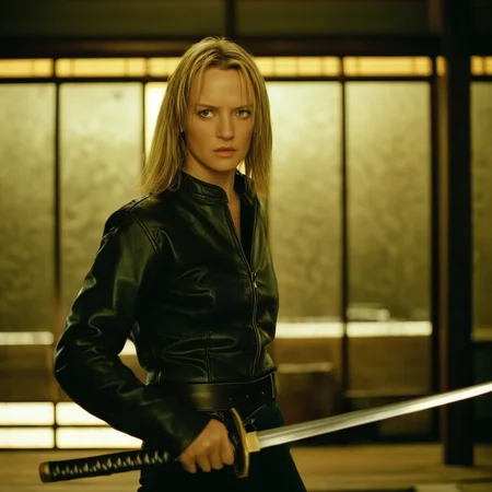 cinematic film still of  <lora:Kill Bill style:1>
Cinematic film image of The Blonde a woman in a leather jacket holding a sword,1girl,solo,blonde hair,jacket,weapon,belt,pants,sword,katana,denim,jeans,realistic,leather , Kodak film grain, dramatic light, dramatic shadow light, contrast, saturated color, cinematic, filmic, motion picture, realistic, realism, perfection, perfect, deep focus, clean image, Kill Bill style, Kill Bill Film Style, shallow depth of field, vignette, highly detailed, high budget, bokeh, cinemascope, moody, epic, gorgeous, film grain, grainy