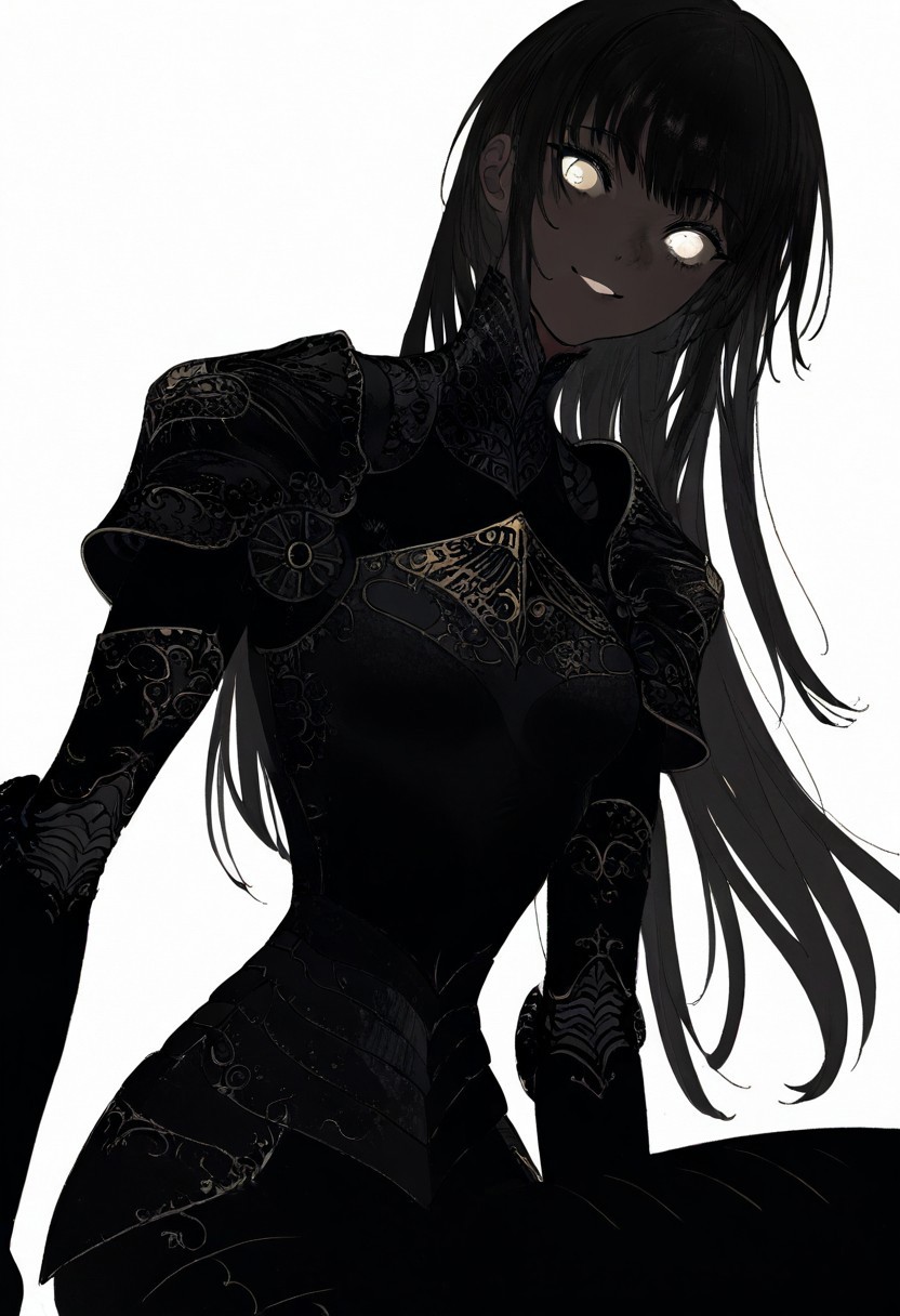 solo, looking at viewer, white eyes, white background, 1girl, long black hair, dark black skin, smiling, black armor, masterpiece,best quality,very aesthetic,absurdres
 <lora:monfornoob:0.95>