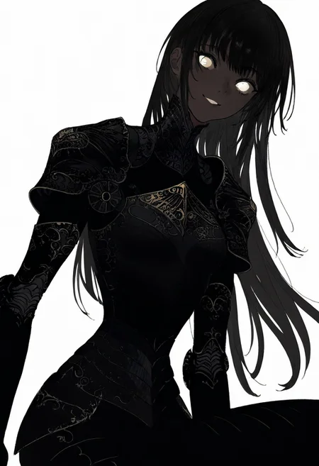 solo, looking at viewer, white eyes, white background, 1girl, long black hair, dark black skin, smiling, black armor, masterpiece,best quality,very aesthetic,absurdres
<lora:monfornoob:0.95>