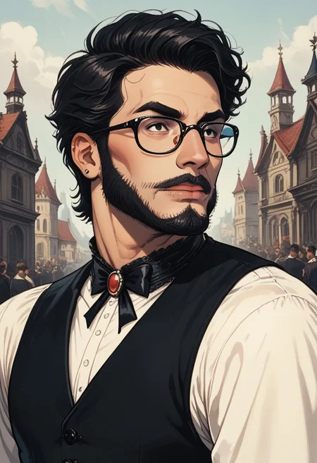 score_9, score_8_up, score_7_up, BREAK, 1 boy, manly, BREAK goth, goth boy, glasses, victorian goth, muscular, muscular male, elegance, antique, retro style, victorian england, suit, beard, facial hair, old man, mature man, barbarian, sleeveless