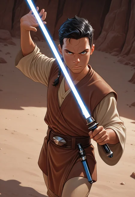 masterpiece, absurdres, high quality, perfect anatomy, 1boy, solo, cute boy, male focus, Caleb Dume, Black Hair, Padawan Braid, Blue Eyes, Brown Tunic, Tan Shirt, Belt, Tan Pants, holding a lightsaber, blue lightsaber, scowl, portrait, cinematic, intricately detailed illustration, depth of field, masterpiece, best quality, amazing quality, very aesthetic, absurdres, newest, very awa, shadow, dynamic angle, casual cosplay, dynamic pose, simple background,