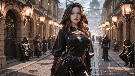 (blurred background), 8k, best quality, depth of field, dynamic lighting, high detail, masterpiece, photorealistic, realistic, ultra-HD, very aesthetic, (fashion photoshoot:1.1), 1girl, Dynamic pose, Shadow Dancer in Darkened Alley, style of Brom, nimble female rogue in black leather, surrounded by swirling shadows taking forms of dark creatures, intense eyes peering from beneath a hood, faint glow of a dagger in hand, narrow cobblestone alley lined with eerie statues and flickering lanterns, heavy fog creating an ominous atmosphere, faint rain slicking the ground (rogue:1.03), (shadow creatures:1.2), (dagger:1.0), (fog:0.8), (lanterns:0.7), dark and suspenseful, cover art style, shadow effects, (contrapposto), Celine_Sloushon