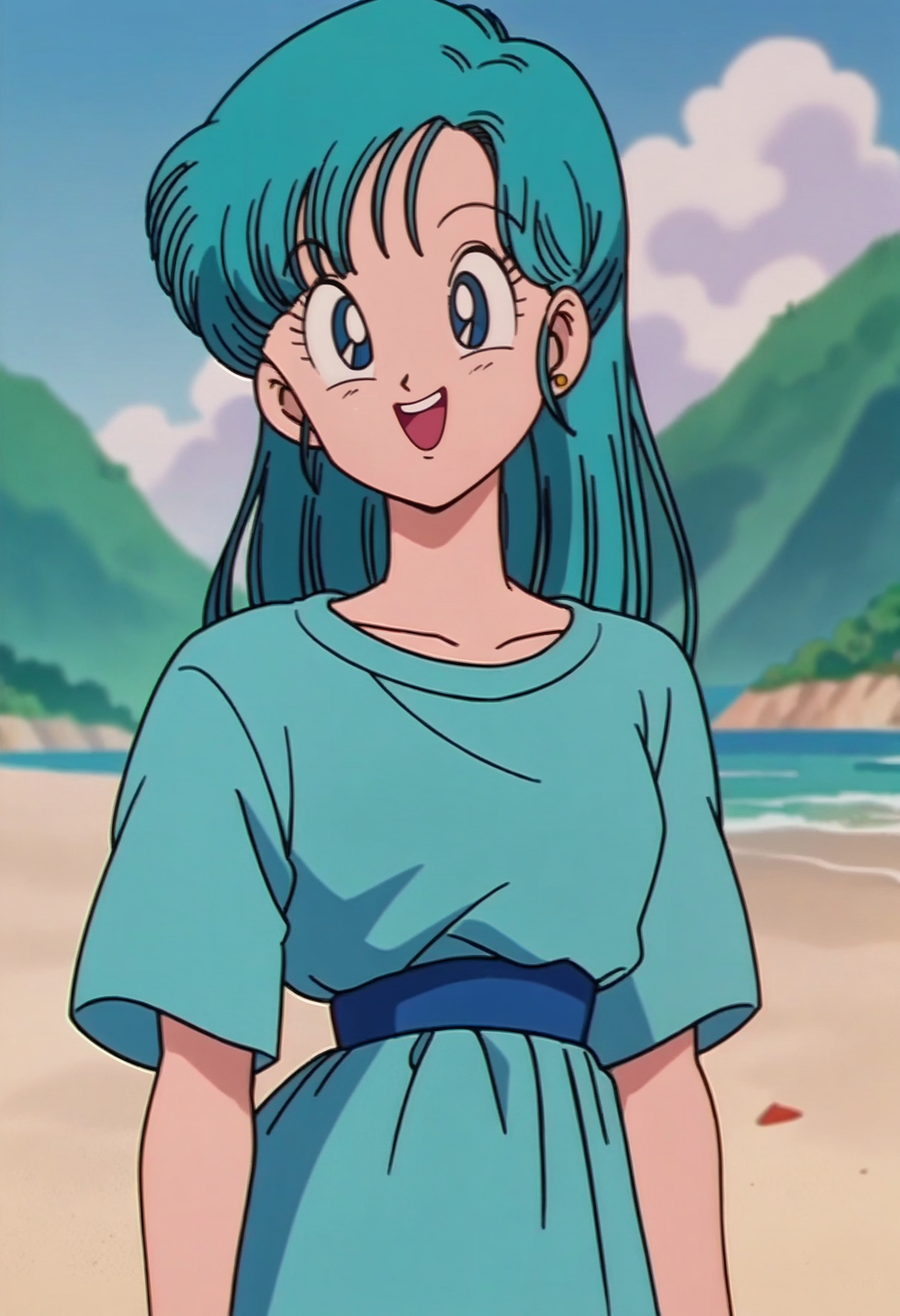 score_9, score_8_up,score_7_up, source_anime, <lora:SlrmnRtr_pdxl_EliPot:1>, 1girl, solo,
 bulma \(dragon ball\), long hair, blue hair, aqua dress, smile, upper teeth only, isle, beach, blurry background, anime screencap, anime colouring, 1990s \(style\),