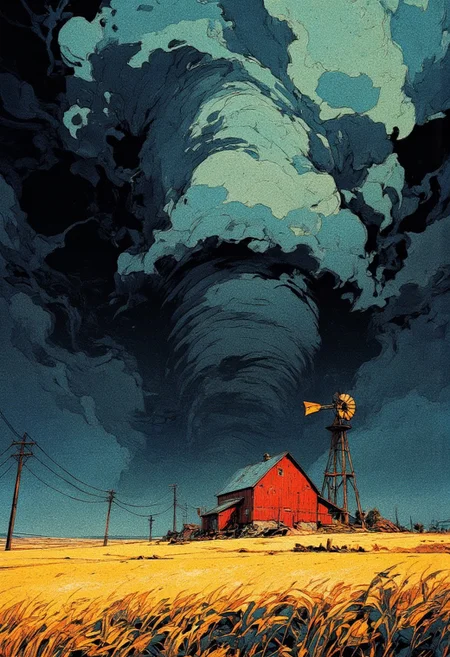 A vast rural landscape under the looming presence of an enormous, swirling storm cloud. A small red barn with a pitched roof stands isolated in the middle of an open field, next to a lone windmill. The sky is dominated by an ominous wall of dark, churning clouds, stretching across the horizon, evoking an impending disaster. The golden wheat field in the foreground sways in the wind, contrasting against the dark storm. A few telephone poles line the distant road, adding to the sense of isolation. The atmosphere is cinematic and dramatic, with painterly textures and a moody color palette. Concept art style, highly detailed, dynamic lighting, stormy rural landscape.
, anime, cyberpunk
