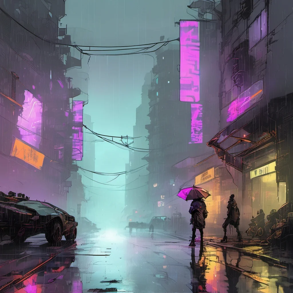 inkpunk style illustration concept art of a busy cyberpunk street, dark alley,rain, reflections, city, mist, fog <lora:IPXL_v2:0.75>