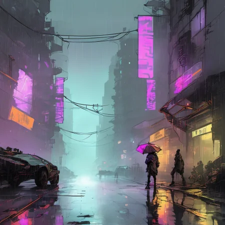 inkpunk style illustration concept art of a busy cyberpunk street, dark alley,rain, reflections, city, mist, fog <lora:IPXL_v2:0.75>
