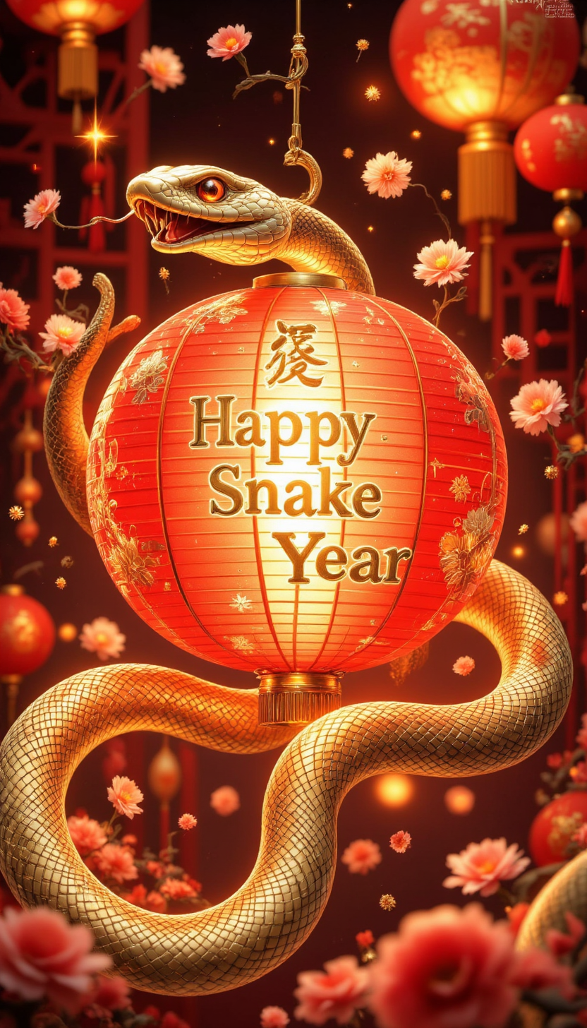 pinkfluxproultrafantasia, aidmayearofthesnake,
A golden snake curled around a glowing red lantern, surrounded by vibrant fireworks and traditional Chinese motifs, with the text "Happy Snake Year" in elegant gold calligraphy at the center.