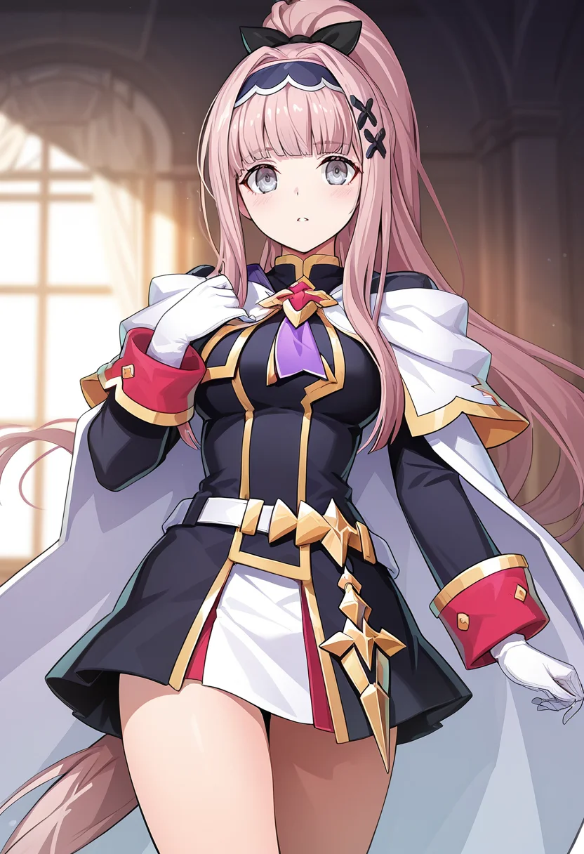 1girl, sole, masterpiece, best quality, high quality, vice(grand chase), grey eyes, light brown hair, pink hair, pony tail, uniform, white cape, white gloves, looking at viewer, cowboy shot, indoor