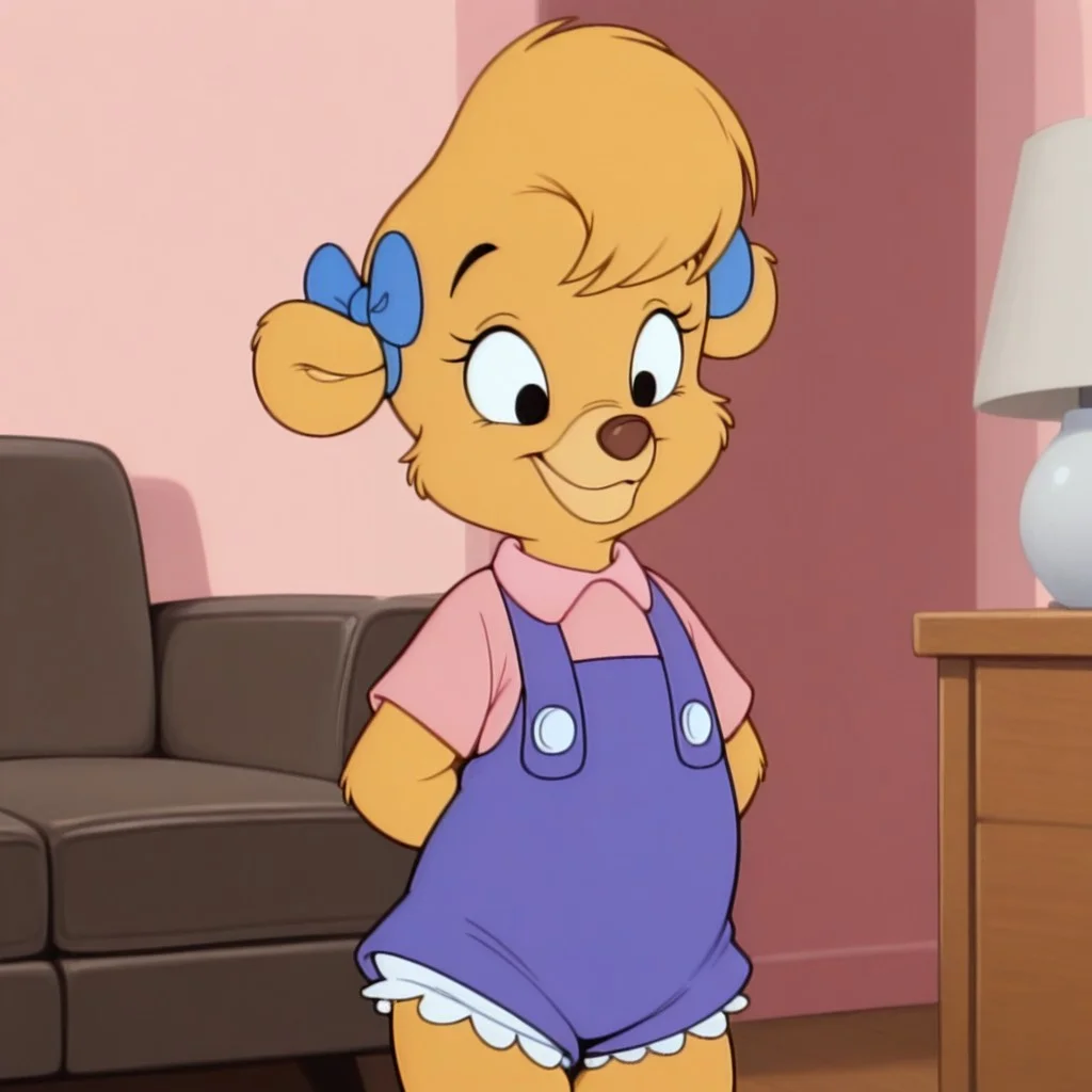 masterpiece, best quality, amazing quality, m011ycham, female, furry female, solo, anthro, young, bear, yellow fur, short hair, black eyes, eyelashes, tan muzzle, brown nose, claws, short, blue hairbows, pink shirt, blue overalls, buttons, white bloomers, standing, smile, hands on behind back, indoors, living room