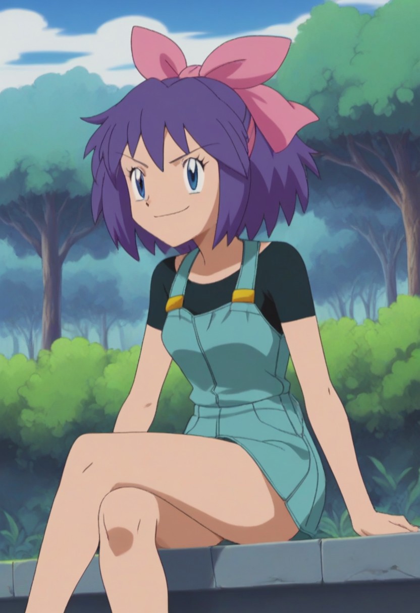 Score_9_up, Score_8_up, Score_7_up, easynegative, ng_deepnegative_v1_75t, anime coloring
smug, sitting, crossed legs, outdoors, 1girl
Kelly_Hoenn_(Pokemon), short hair, purple hair, pink bow, hair ribbon, blue eyes, overall skirt, shirt