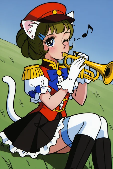 <lora:VersaillesnoBara:1>, VersaillesnoBara, retro artstyle, 1girl, musical note, one eye closed, thighhighs, gloves, cat ears, solo, hair ornament, hat, instrument, frills, white gloves, cat tail, white thighhighs, sitting, short sleeves, holding, skirt, trumpet, eighth note, kemonomimi mode, puffy short sleeves, puffy sleeves, frilled skirt, blush, bboots, bow, shirt, ;o, red headwear, vest, hairclip, blue bow, collar, white shirt, frilled sleeves, center frills, looking at viewer, epaulettes, :o, red vest, black skirt, holding instrument, grass, outdoors, parted lips, tassel, black footwear, pleated skirt,