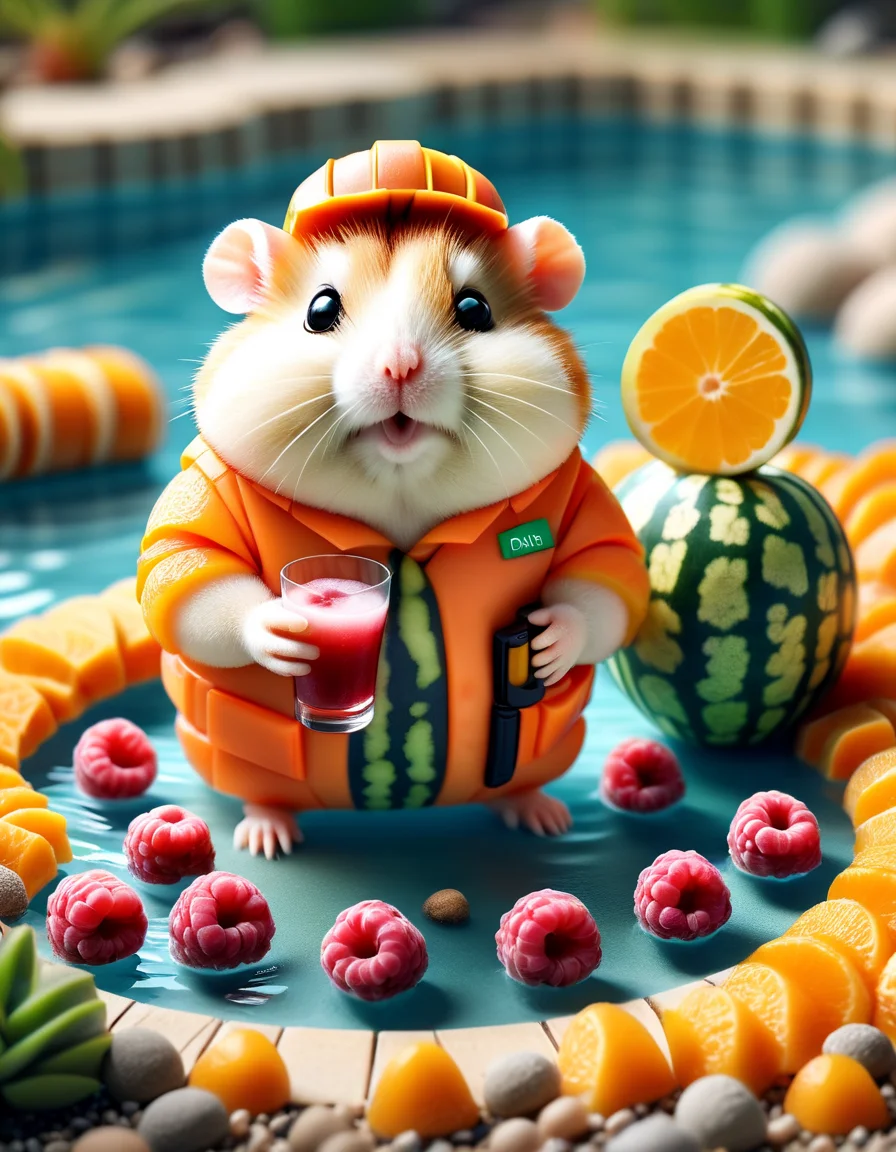 a photo with a tilt shift . selective focus, miniature effect, blurred background, highly detailed, bright, perspective control, a picture with a natural tilt (whimsically artistic), charming additional (fluffy: 1,3) chubby Dzungarian hamster in an ral-barriertape construction worker outfit, ((relaxing in the pool, drinking a cocktail)), dry meadows, tiny rocks, magical, macro photography, (charming:1.3), (luminous: 1.2), (huge flora: 1.1), mystical, vivid photography, flickering light, preoccupied, bizarre, disturbing, soft-focus, over-detailed digital art, made out of ral-fruitsalad <lora:ral-fruitsalad-sdxl:1> ral-fruitsalad landscape