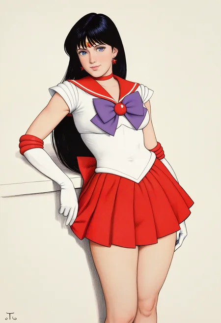 by thoma, 1girl, sailor-mars, standing, leaning, simple-background, newest, masterpiece, best quality, absurdres, highres, general