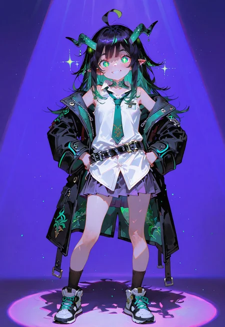 looking at viewer,full body shot,standing,hands on hips,big smile

1 girl,petite,loose unruly messy hair,messy bangs,black hair,green accents hair,fair skin,dragon horns,green eyes,(sparkling eyes:1.1),freckles,ahoge,pointy ear

Large Black coat with green accent,coat hanging sleeves,white sleeveless buttoned shirt,green tie, exposed shoulder,dark purple skirt,(black sock 1 high 1 short:1.1),white sneakers,(black belt over shirt:1.2)

Color background, bright purple background,(shadow:1.2), light from front,glimmer, [scales design], sparkling,(analgylph:1.5),(spotlight:1.2),(purple hue:0.8),(colors green glowing:1.3)

Cunnystyle,748cmstyle,Smooth_Quality,masterpiece,best quality,amazing quality, aesthetic,(vibrant colors:1.7),(bold lines:1.3),(saturated:1.6)