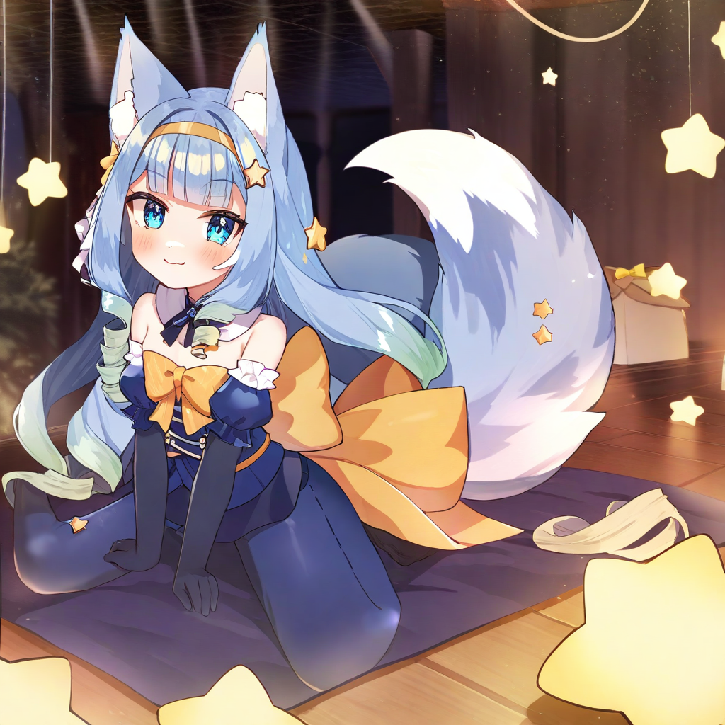 by tukumi bis, jelly hoshiumi, 1girl, 2D anime, solo, blush, smile, blue eyes, very long hair, blue hair, small breasts, drill hair, blunt bangs, green hair, star (symbol), gradient hair, short antennae with stars on the ends, yellow bow, star hair ornament, yellow hairband, hair ornament BREAK
full body, (furry, blue fur, fox tail, fox ears, kitsune, 9 tailed fox:1.25), (best quality) <lora:Jelly_Hoshiumi_XL:1>