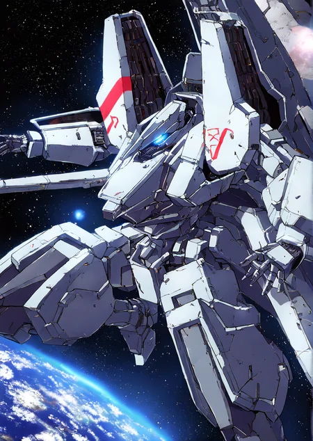 mecha,science fiction,no humans,glowing,retro artstyle,space,star \(sky\),planet,earth \(planet\),space craft,starry sky,weapon,milky way,masterpiece, best quality, very aesthetic, absurdres,,  <lora:sidonia morito-NAI:0.8>