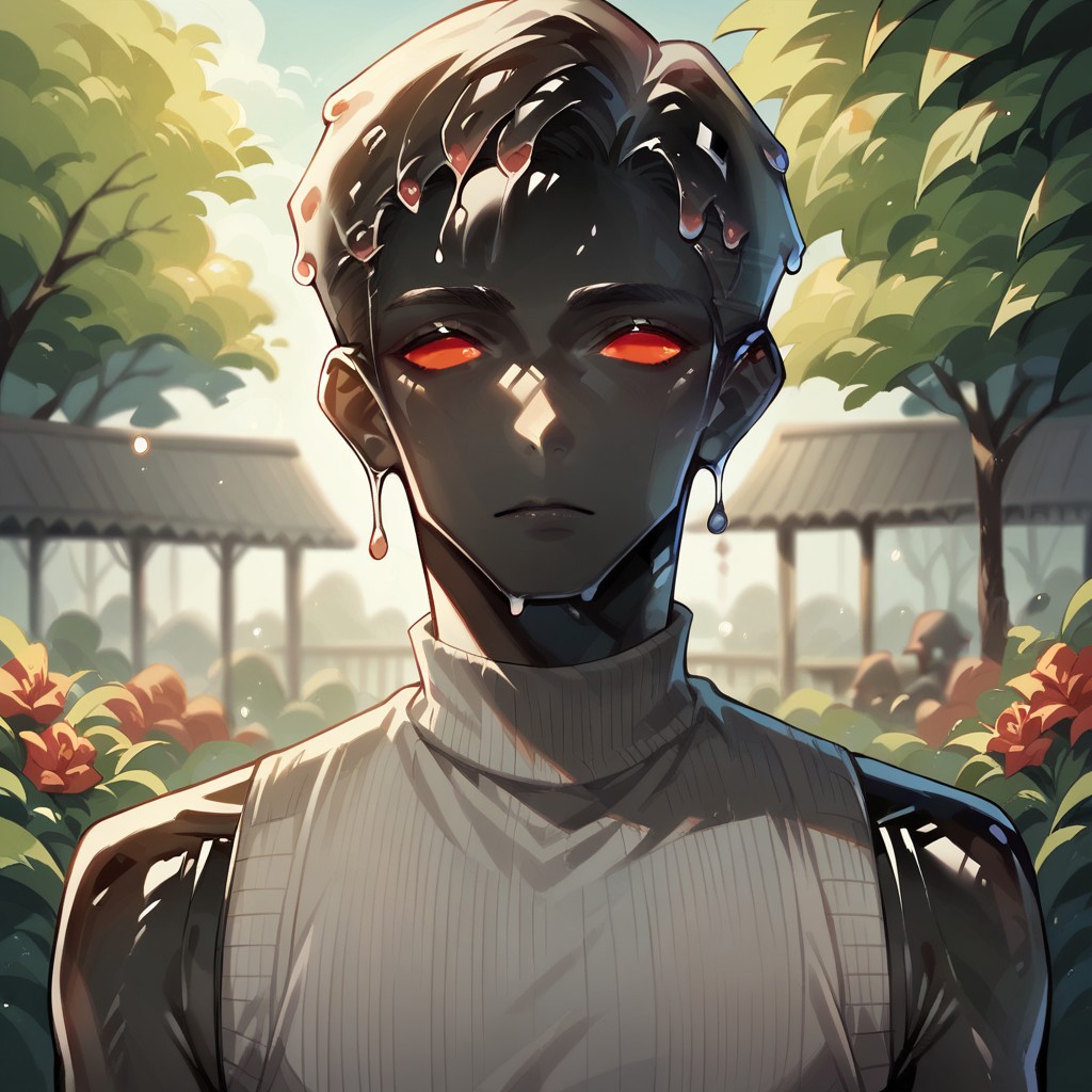 (((detailed, beautiful, high quality))), score_9, score_8_up, score_7_up, upper body,
slime, slime body, transparent body,
1 male, red eyes, black skin, sleeveless sweater, grey sweater, anime hairstyle,
looking at the viewer, posing, blurred background,