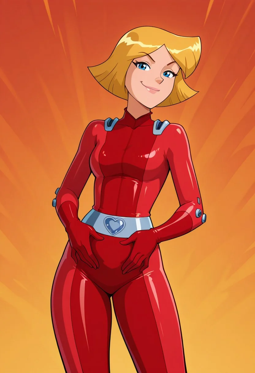 masterpiece, best quality, good quality, 1girl, solo, cartoon, parody, official style, cl0ver_totally_spies, short hair, blonde hair, blue eyes, red bodysuit, sexy, fit, medium breasts, wide hips, thick thighs, bottom heavy, beautiful, detailed, high detailed, very beautiful, detailed face, detailed eyes, detailed hand, abstract background, smile, smirk, posing, pose, hands on belly, looking at viewer, face focus, closeup
