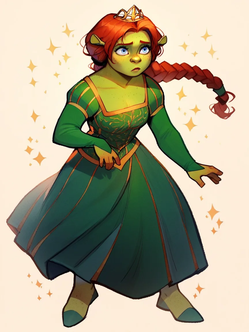 score_9, score_8_up, score_7_up, score_6_up, score_5_up,   <lora:FionaXLP:1> fiona, 1girl, red hair, braid, green dress, blue eyes, crown, full body, ogre, green skin, freckles