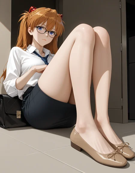 masterpiece,best quality,very aesthetic,zPDXL,1girl,indoor,<lora:flatshoes-000019:0.6>,balletshoesXL1,brown footwear,souryuu asuka langley,flat_shoes,sitting,(realistic:0.6),office lady,skindentation,skinny,necktie,black-framed eyewear,messenger bag,coffee in hand,(foot_focus:1.3),