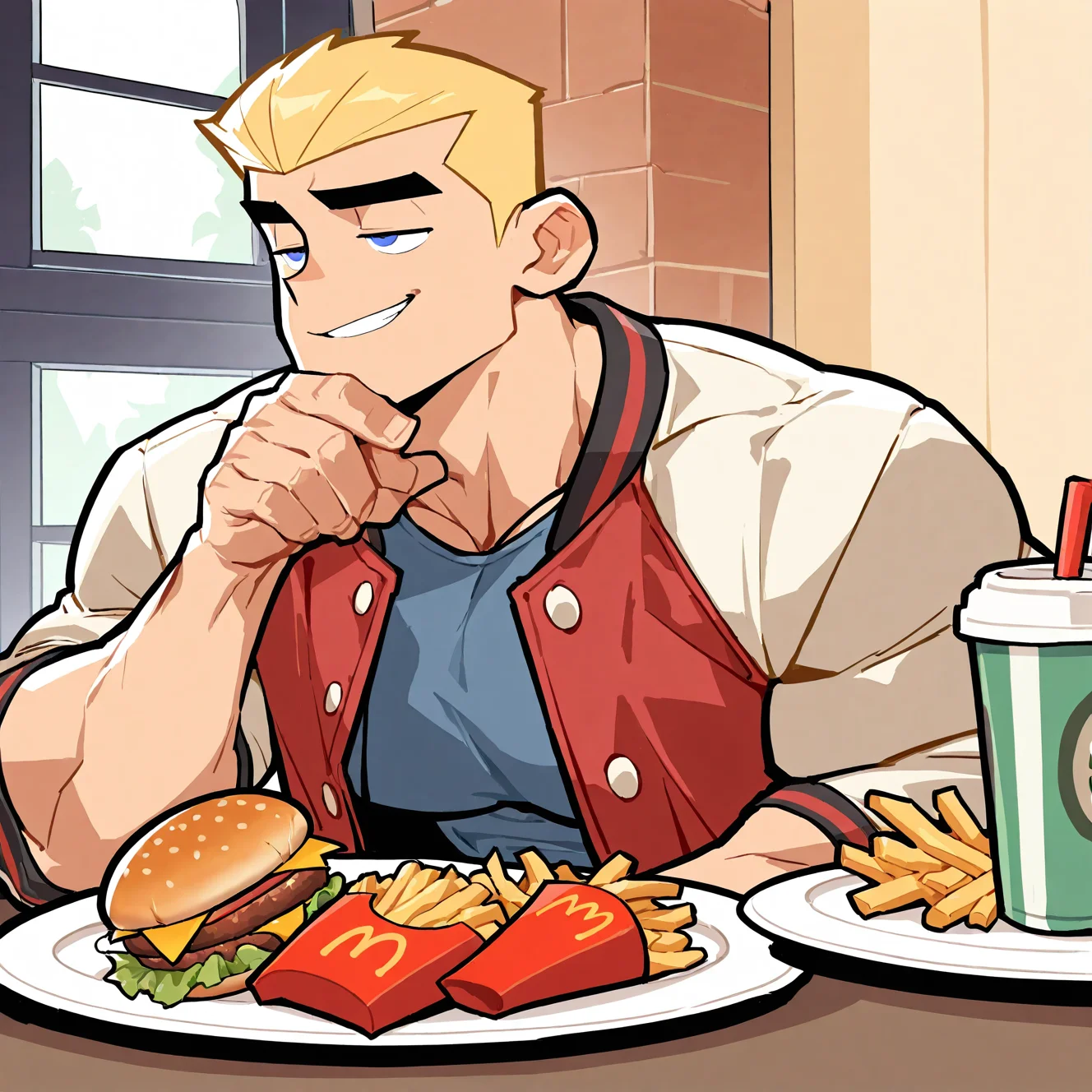 <lora:DASH:1.5>dash, solo, smile, short hair, blue eyes, blonde hair, 1boy, jacket, upper body, male focus, food, indoors, muscular, bara, grin, open jacket, cup, window, thick eyebrows, half-closed eyes, muscular male, bodybuilder, mature male, meme, tray, jitome, head rest, drinking straw, smirk, smug, hand on own chin, disposable cup, burger, elbow rest, letterman jacket, french fries, bored, fast food, bara, motion blur, film grain, abstract, natural lighting, fantasy, dynamic view, tilted angle, very awa, masterpiece, best quality, absurdres, newest, perfect quality, detailed background, (artist:fl \(l-fl\):0.7), (artist:tooboshoo:0.7), (artist:dizdoodz:0.8)