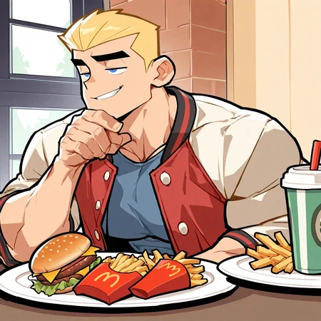 <lora:DASH:1.5>dash, solo, smile, short hair, blue eyes, blonde hair, 1boy, jacket, upper body, male focus, food, indoors, muscular, bara, grin, open jacket, cup, window, thick eyebrows, half-closed eyes, muscular male, bodybuilder, mature male, meme, tray, jitome, head rest, drinking straw, smirk, smug, hand on own chin, disposable cup, burger, elbow rest, letterman jacket, french fries, bored, fast food, bara, motion blur, film grain, abstract, natural lighting, fantasy, dynamic view, tilted angle, very awa, masterpiece, best quality, absurdres, newest, perfect quality, detailed background, (artist:fl \(l-fl\):0.7), (artist:tooboshoo:0.7), (artist:dizdoodz:0.8)