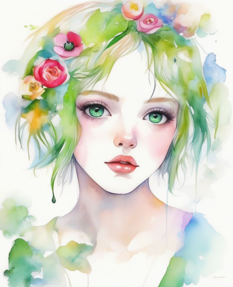 1girl,blue eyes,green hair,rose, camellia,daisy, freckles,  portrait, petals, tulip,(background full of flowers) ,(face close up),(Open eyes),(vibrant colors), <lora:watercolor_v1_sdxl:2.4>