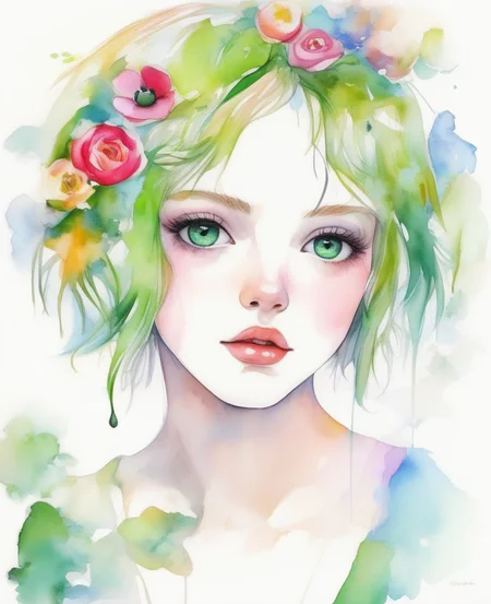 1girl,blue eyes,green hair,rose, camellia,daisy, freckles, portrait, petals, tulip,(background full of flowers) ,(face close up),(Open eyes),(vibrant colors), <lora:watercolor_v1_sdxl:2.4>