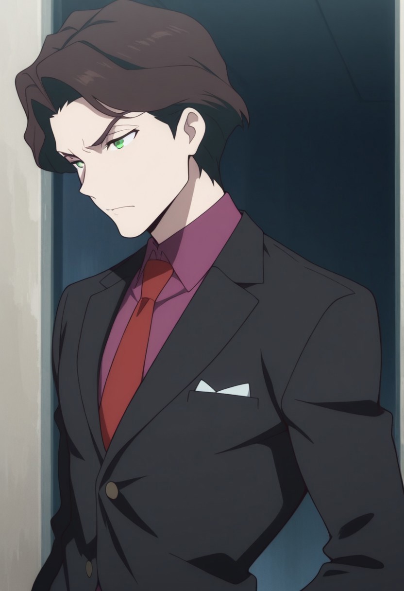 masterpiece,best quality,amazing quality, source_anime, 
AndrewHanbridge, 1boy, male focus, solo, green eyes, brown hair, shirt, purple shirt, collared shirt, necktie, red necktie, jacket, black jacket,
indoor,