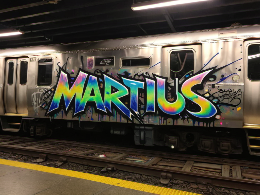 "MARTIUS" text logo <lora:Harrlogos_v2.0:0.69> ral-oilspill graffiti thick black outlines, calygraphic wildstyle ral-oilspill bombing, thick lines <lora:ral-oilspill-sdxl:0.48> a new york subway train, standing in the yard in a the dark with rubbish on the floor, at night, dim light