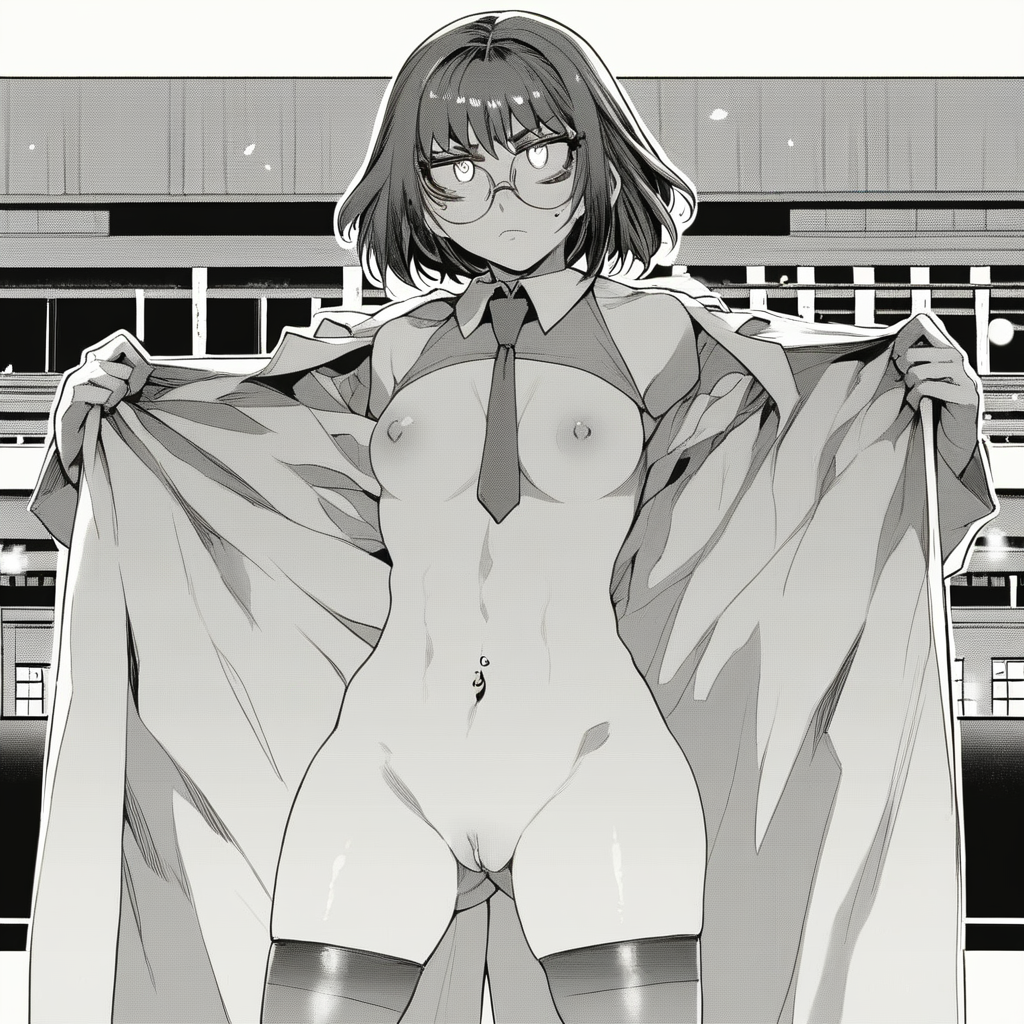 score_9, score_8_up, score_7_up, ASCII masterpiece, source_manga, BREAK, 1girl, solo, (( <lora:shikijou_mariko:1> , shikijou_mariko, short body, normal waist, wide hips, beautiful skin, beautiful hair, beautiful short hair, bangs, clear eyes, piercing  eyes, bright pupils, beautiful eyes, small breasts, natural beauty, extraordinary beautiful woman, attractive woman, super sexy woman, lustful body, sexy woman with seductive obscene body, sensual body, voluptuous body, sexy beauty, glasses, )) , thighhighs, necktie, collar, mini overboob top, armwears, nipples, navel, pussy, open labcoat, high heels, monochrome, greyscale, badass girl, uncensored, very detailed, high detailed texture, looking at viewer, standing, posing, sassy pose, city background, detailed background,