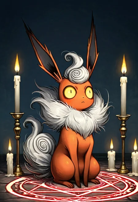 masterpiece, best quality,    <lora:NightmareDex_IXL:1.3>,   Flareon, candles, magic circle,
