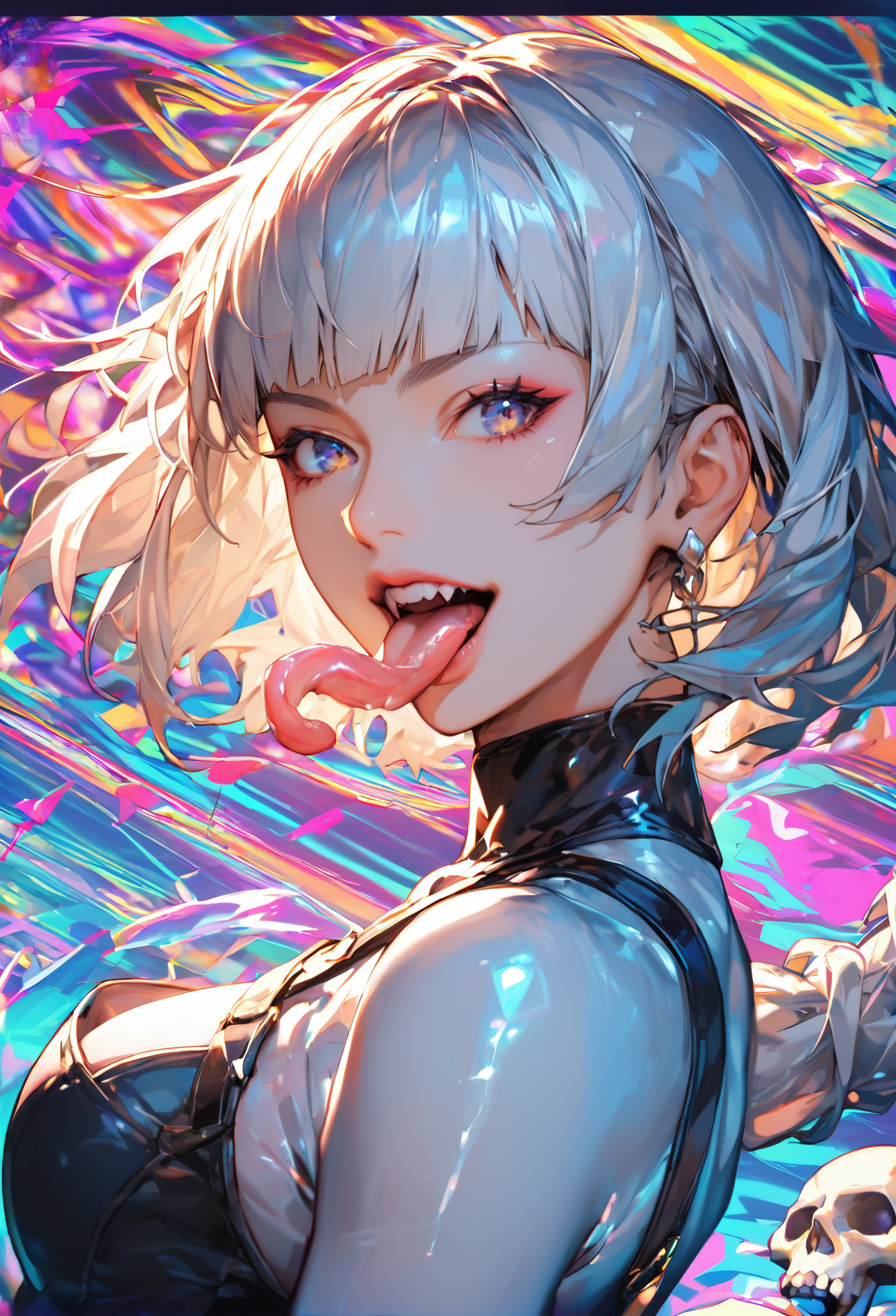 score_9, score_8_up, score_7_up, She is a silver-haired woman with roughly cut bangs, a bone plate around her eye on the right side of her face, a crystal iris, and a protruding tongue. Her half-cocked stance, dynamic angle, and simple, decadent fashion. Only the background is colored, psychedelic wave background, high resolution, smooth lines