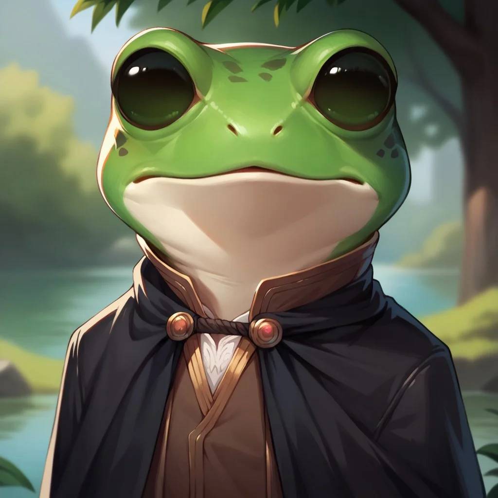 (((detailed, beautiful, high quality))), score_9, score_8_up, score_7_up, solo, upper body, portrait,
grungrace, anthro frog,
1 boy, male focus, green skin, black cape, brown vest, black pants,
looking at the viewer, posing,
blurred background, fantasy background,