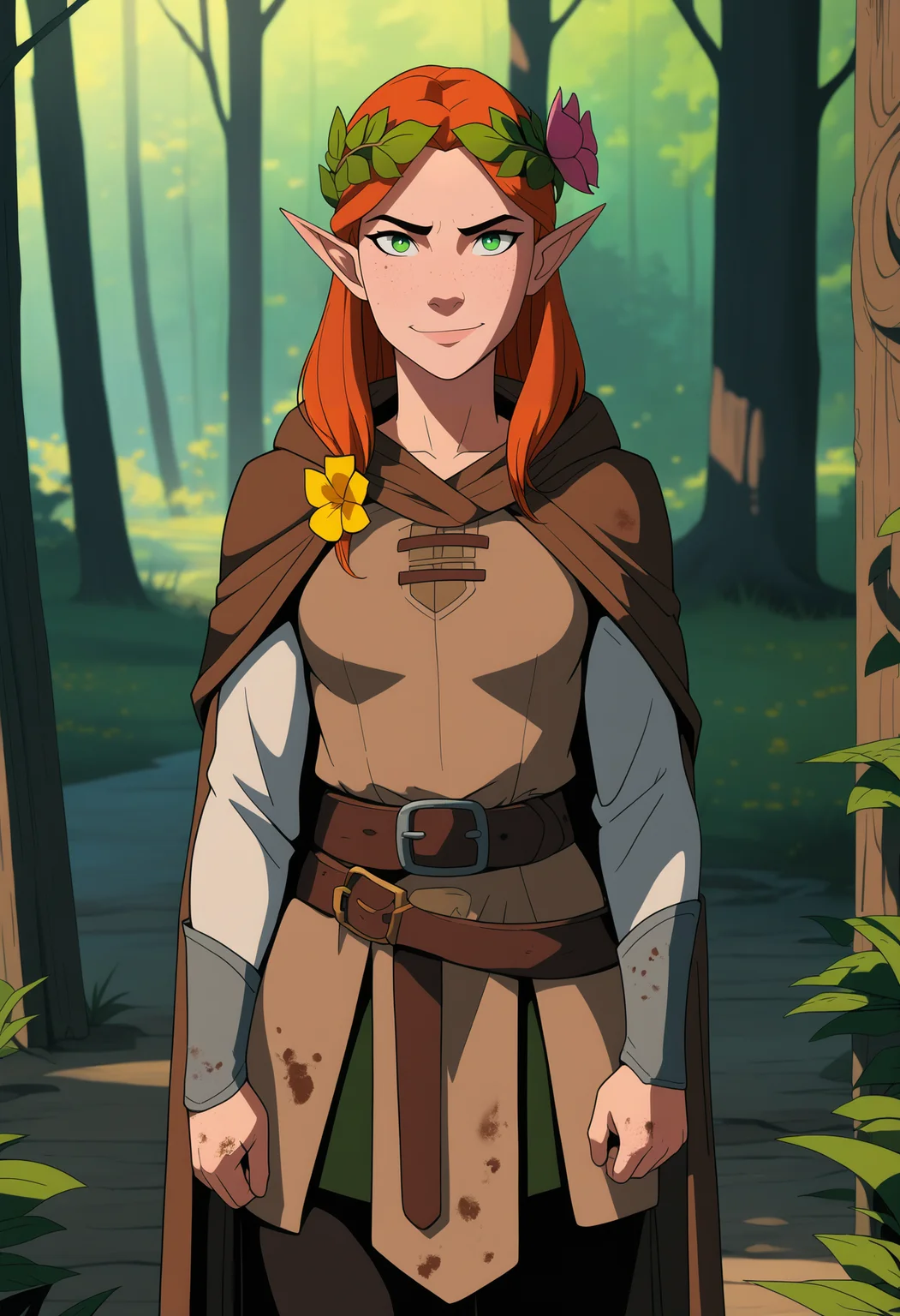 masterpiece, best quality, very aesthetic, absurdres,
1girl, medieval fantasy, portrait, solo, green eyes, female druid, leaf laurel wreath, hair flower, elf, simple tunic, brown robe, wood, dirty clothes, skirt, cape, pants, leather belt, buckle,
gentle smile, forest, flowers, trees, outdoors, nature, outdoors, nature, looking at viewer <lora:PhilBourrassaWesternArtstyleNoobLocon_byKonan:1>