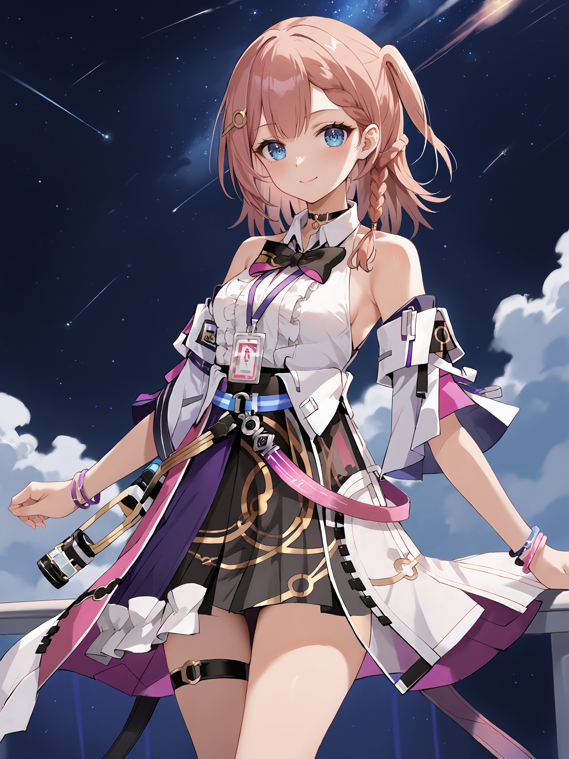 score_9, score_8_up, score_7_up, source_anime, 1girl, asta \(honkai: star rail\), detached sleeves, sleeveless shirt, id card, high-waist skirt, overskirt, thigh strap, bracelet, hairpin, belt, bowtie, choker, looking at viewer, starry sky, shooting star, light smile, cowboy shot, standing  <lora:Char-HonkaiSR-Asta-Pony-V1:1>