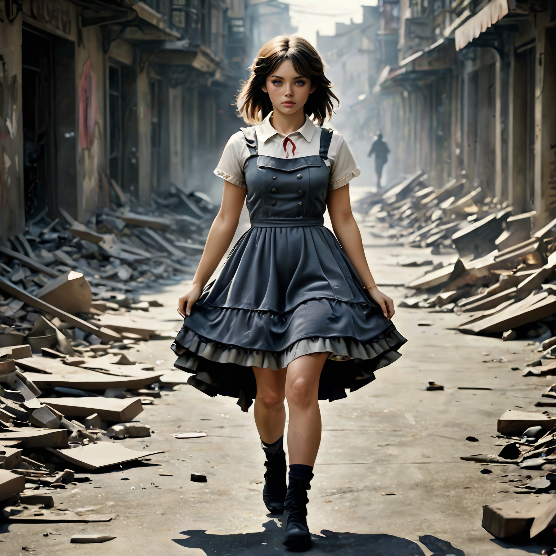 a photorealistic (full body) photograph of a young girl wearing a (ripped, torn:1.4) and bloody swe3tjsk with bl0use with intricate patterns, (frightened:1.6), dramatic cinematic lighting, OverallDetail-SDXL SkinHairDetail-SDXL <lora:SweetLolitaXLv4.23:1.2>