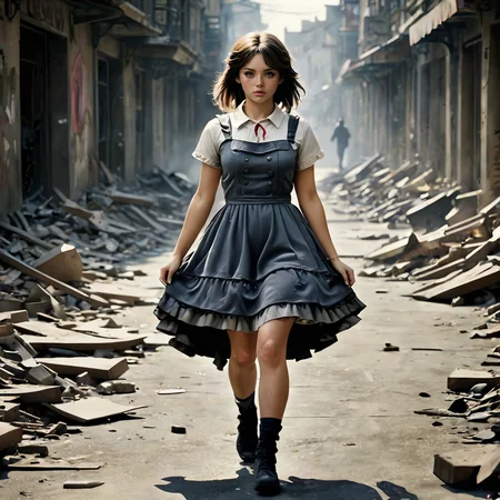 a photorealistic (full body) photograph of a young girl wearing a (ripped, torn:1.4) and bloody swe3tjsk with bl0use with intricate patterns, (frightened:1.6), dramatic cinematic lighting, OverallDetail-SDXL SkinHairDetail-SDXL <lora:SweetLolitaXLv4.23:1.2>