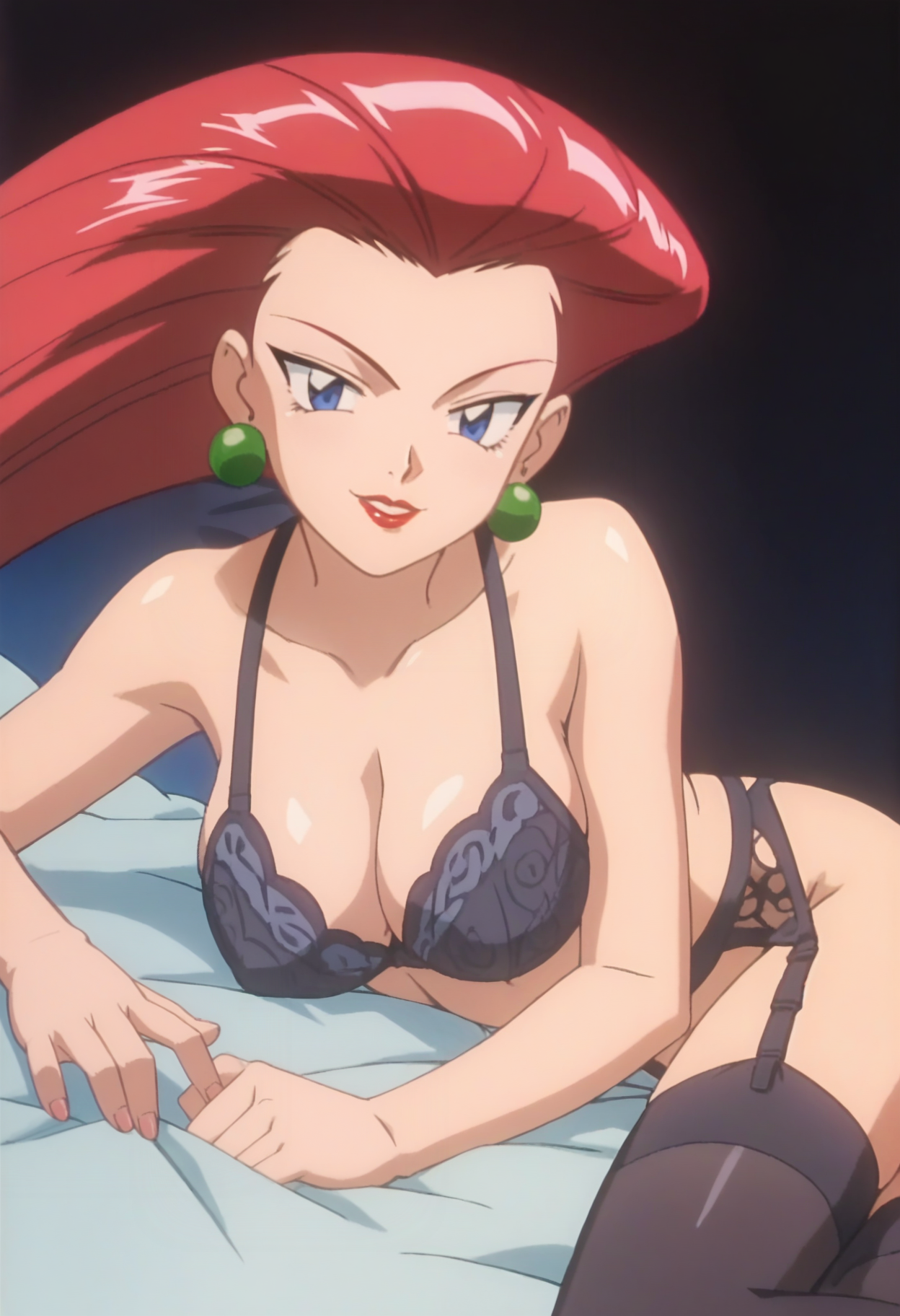 score_9, score_8_up, score_7_up, score_6_up, anime screencap, anime coloring, <lora:PMJessie_epoch_7:0.8>, PMJessie, red hair, long hair, earrings, blue eyes, red lips, breasts, 
black lingerie, garter belt, black thighhighs, 
seductive smile, on side, looking at viewer, lying,
BREAK bed, night, dark background, black background,