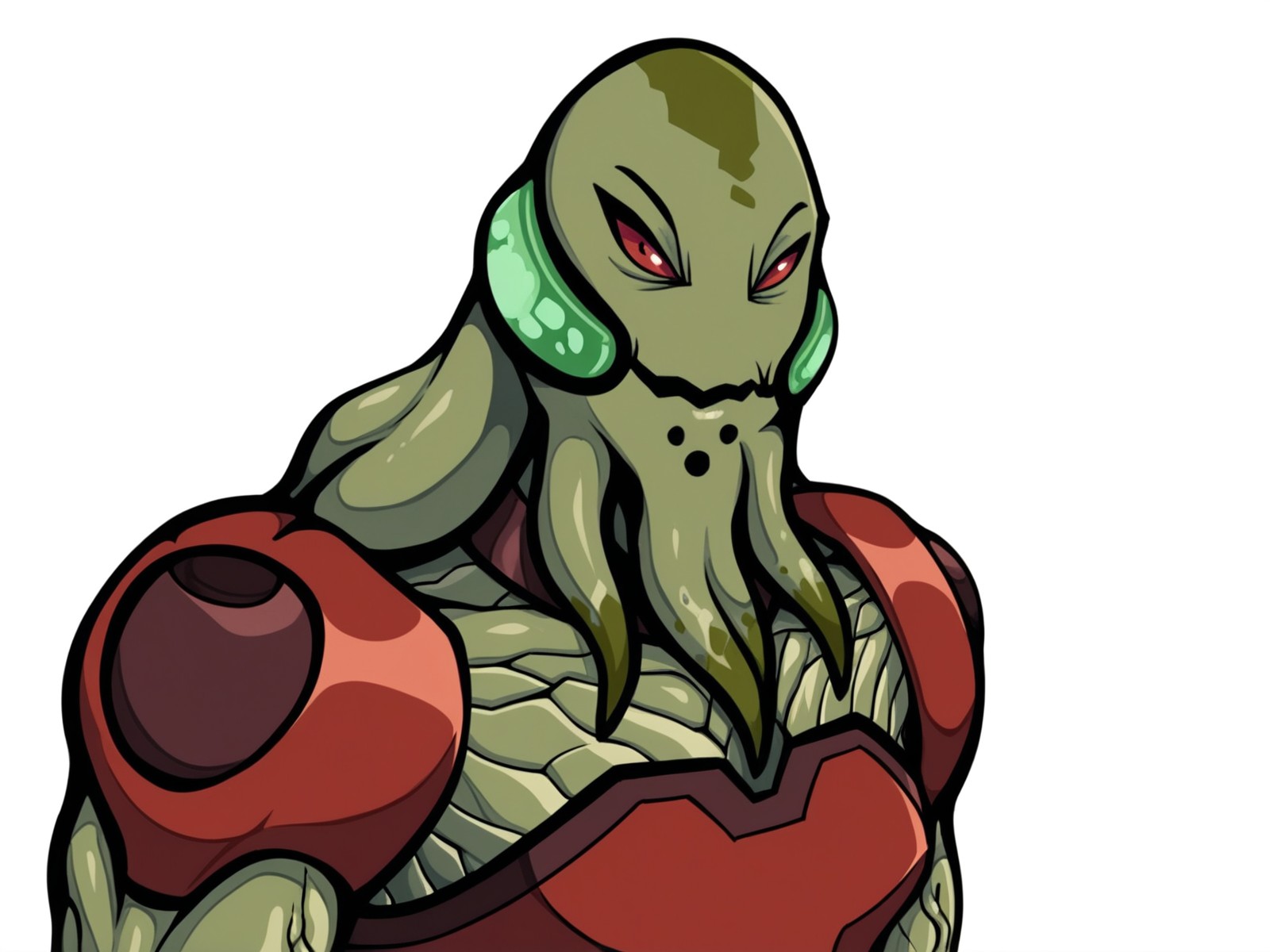 score_9, score_8_up, score_8,source_furry,
<1girl:1.5>,
<solo:1.5>,
female,
chimera_generis,  
green skin, 
breasts, 
cleavage,
colored skin, 
monster girl, 
red eyes, 
small breasts, 
muscular female, 
upper body,
face,
face focus,
armor,
red armor,
alien, 
looking at viewer,
<simple background:1.5>,
<white background:1.5>,
 <lora:Myaxx_Ben10_Pony_SDXL:1.25> myaxx_ben10, smug,
smugness,
half closed eyes,
closed mouth,
sarcastic,