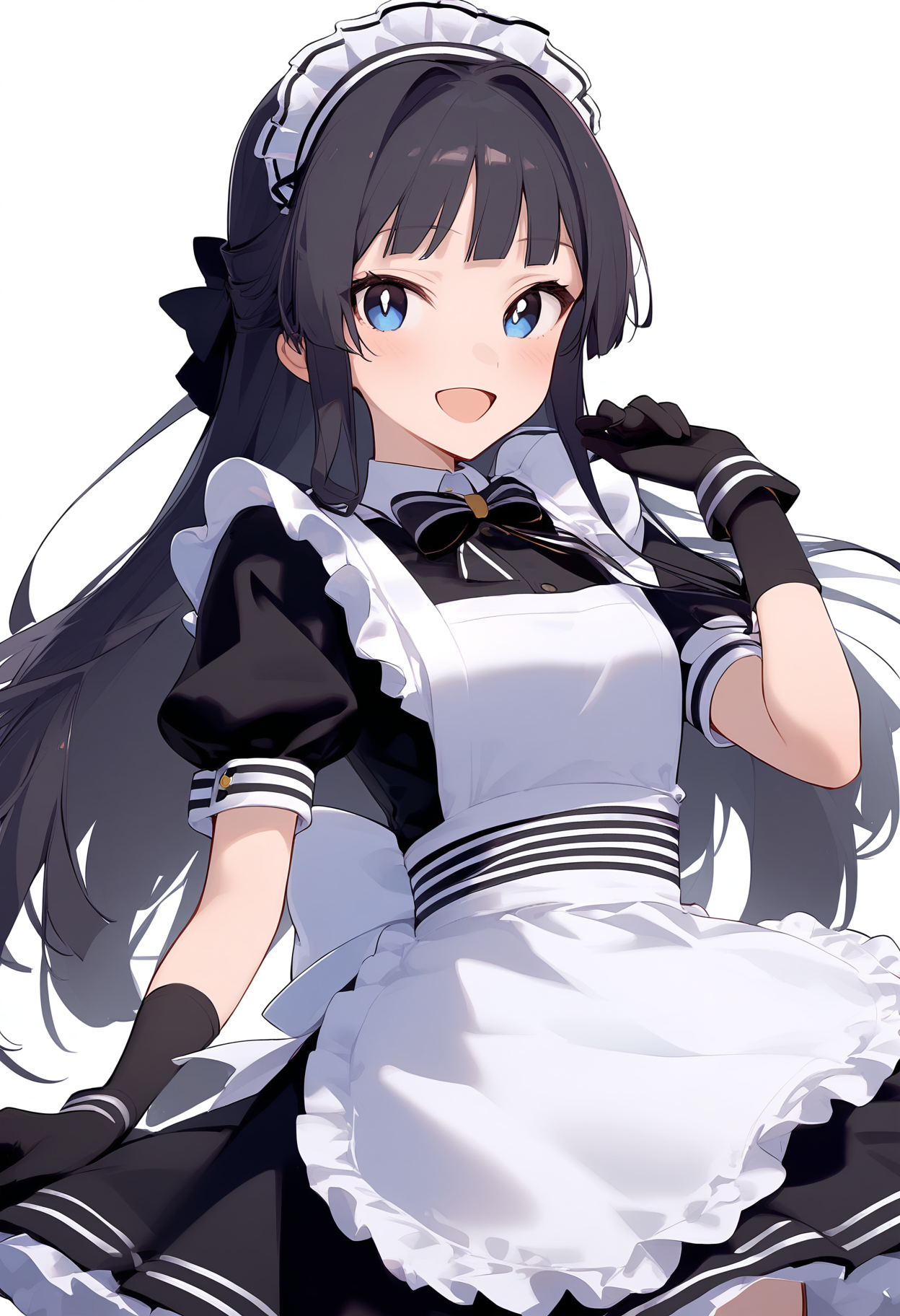 1girl,
mogami shizuka,


hand up, bow, bowtie, sleeveless dress, white background, blush, short sleeves, half updo, smile, solo, :d, standing, frilled dress, looking at viewer, cowboy shot, puffy sleeves, white pupils, gloves, bright pupils, elbow gloves, frilled apron, black hair, arm at side, waist apron, hair bow, open mouth, puffy short sleeves, dress, very long hair, maid headdress, blunt ends, blue eyes, maid, long hair, blunt bangs, frills, simple background, alternate costume, black dress, black bowtie, enmaided, white apron, apron, black bow, sleeveless, detached sleeves, sidelocks, black gloves, wrist cuffs,

sfw
<lora:a31_char_new_mogami_shizuka-000022:1> <lora:a31_style_koni-000010:0.8>