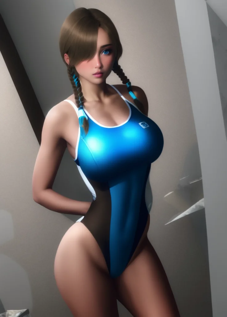 <lora:Etherium-dalia-000003:1>, Etherium-dalia, 1girl, solo, blue eyes, breasts, brown hair, hair over one eye, looking at viewer, large breasts, long hair, lips, blush, standing, twin braids, one-piece swimsuit, blue swimsuit,