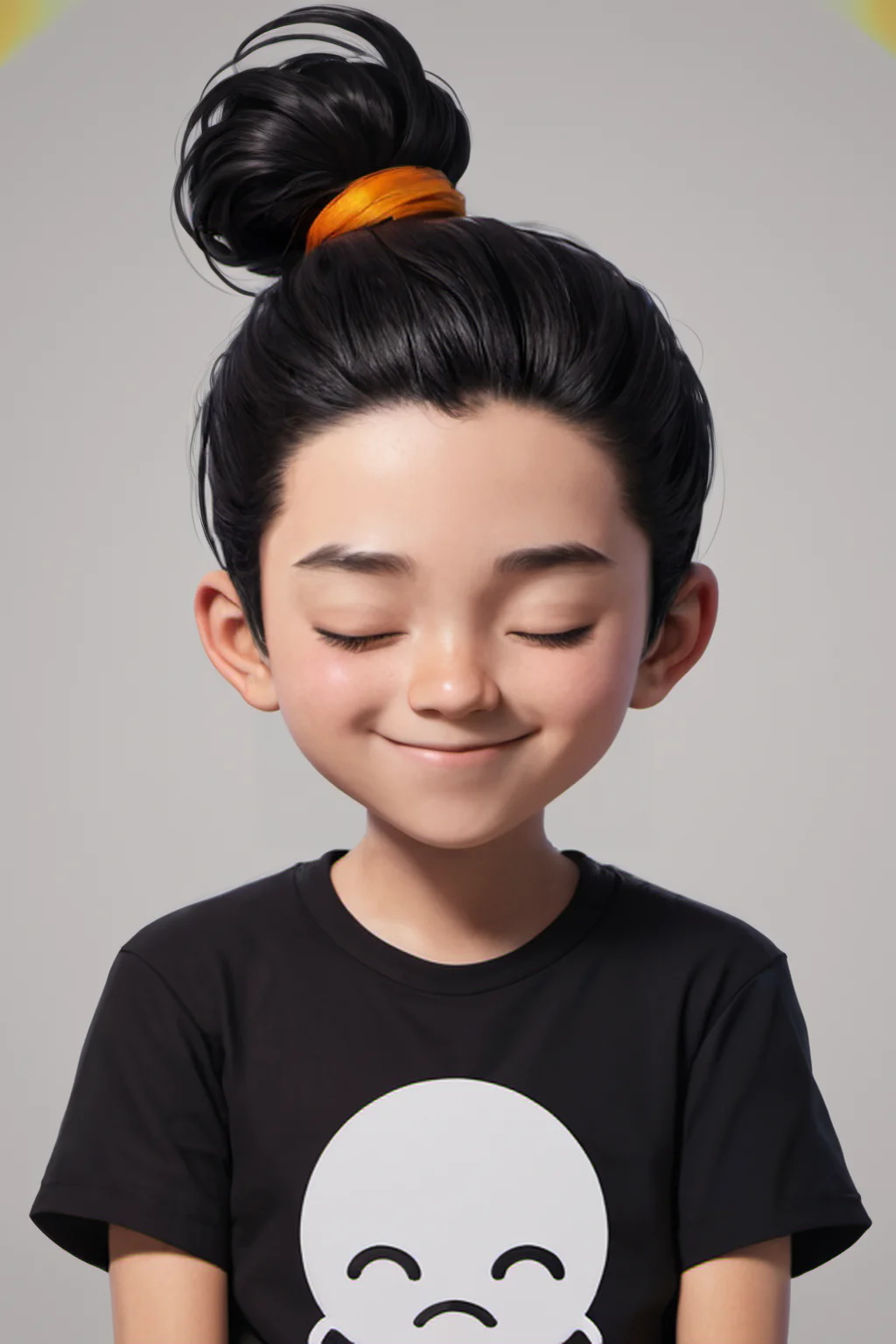 a boy with black hair and a black shirt smiling at the camera with his eyes closed and his hair in a bun, Adam Manyoki, cheerful, a character portrait, rayonism