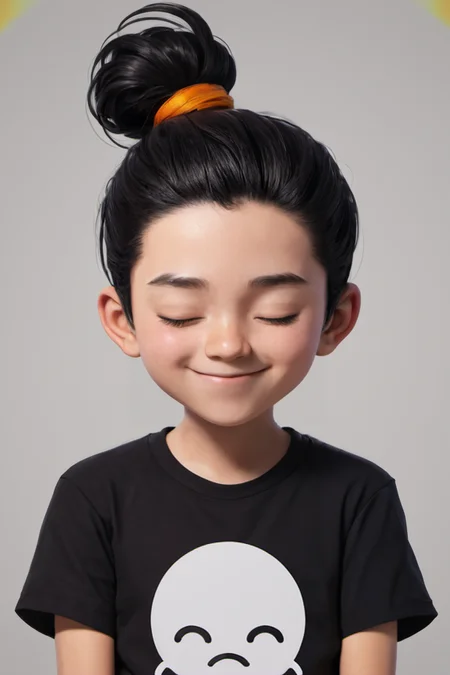 a boy with black hair and a black shirt smiling at the camera with his eyes closed and his hair in a bun, Adam Manyoki, cheerful, a character portrait, rayonism