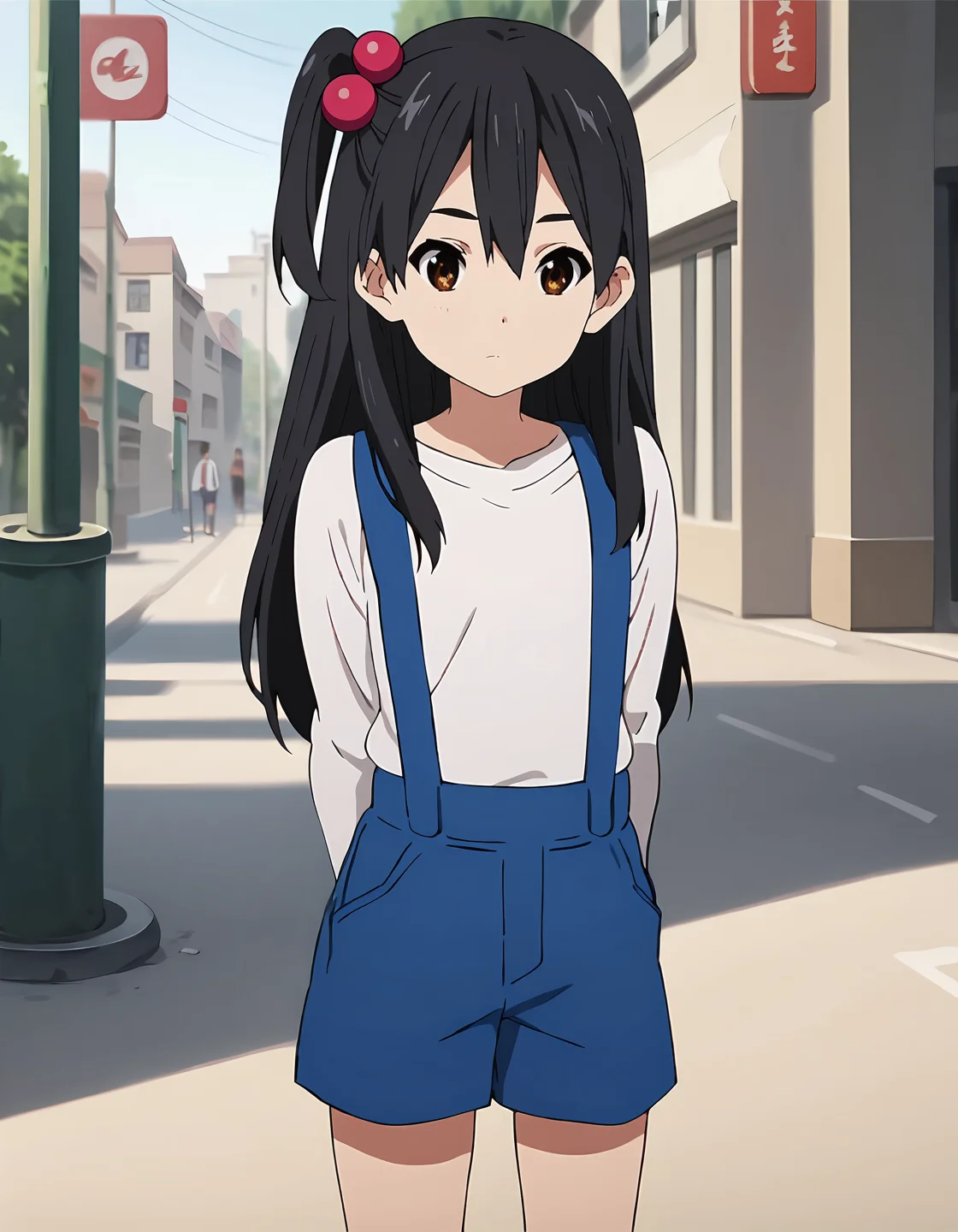 score_9, score_8_up, score_7_up, score_6_up, score_5_up, score_4_up, <lora:AnkoT_T2V0:0.85>,
1girl, solo, source_anime, anime screencap,
AnkoT_T2V0, female child, black hair, long hair, one side up, hair between eyes, brown eyes, hair ornament, hair bobbles,
white shirt, long sleeves, blue shorts, suspender shorts, pocket, 
standing, arms behind back, 
looking at viewer, expressionless, closed mouth, head tilt, 
outdoors, street, cowboy shot,