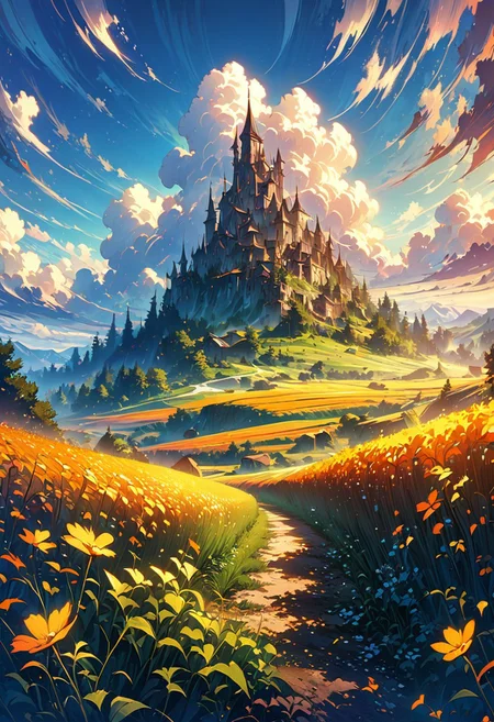 beautiful grain field, beautiful day, beautiful scenery, high quality, best aesthetics, masterpiece, illustrative details, anime illustration, digital art, no human,