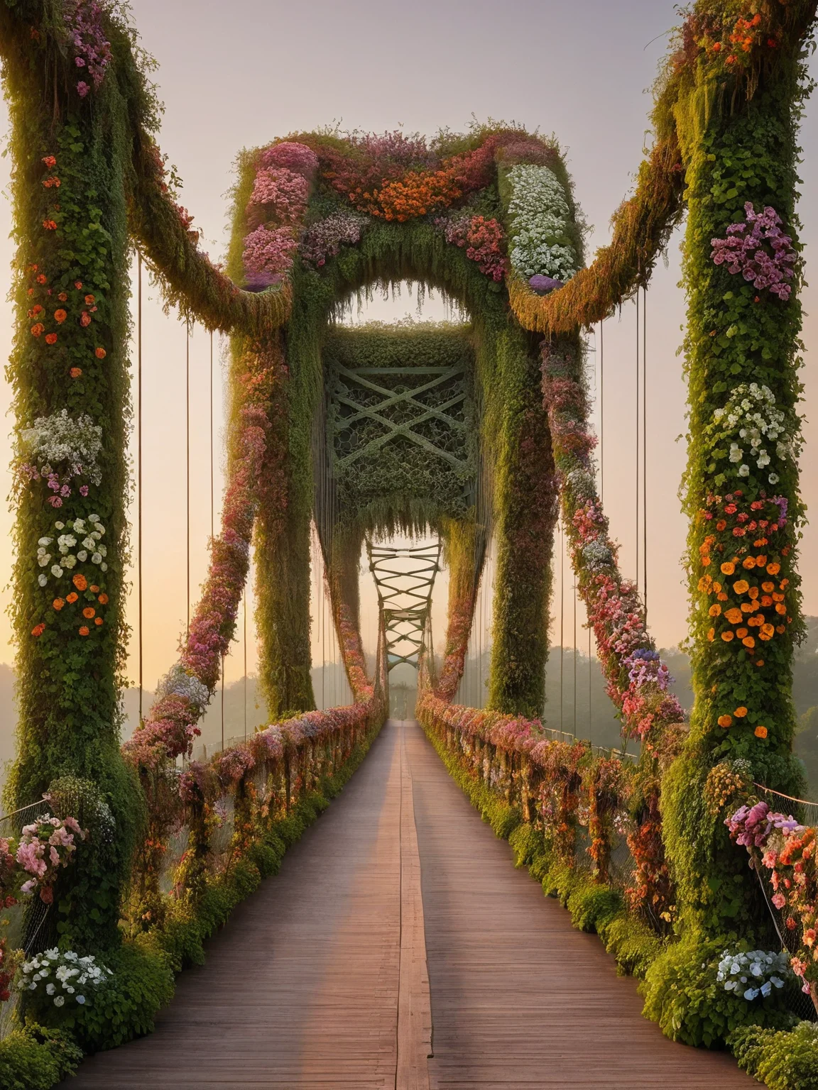 A majestic ais-flowery suspension bridge at dawn, its cables and towers transformed into living vines and flowers. The scene is captured in wide-angle, showcasing the bridgeâs floral grandeur against the awakening sky <lora:Flowery_Style_SDXL:1>,<lora:EnvyBetterHiresFixXL01:0:hr=1>