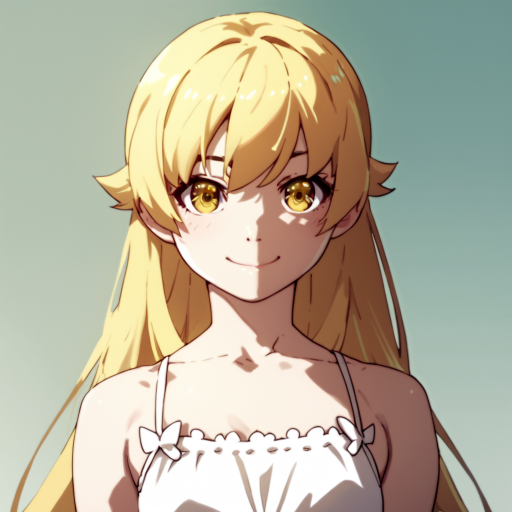 score_9, score_8_up, score_7_up, score_6_up, score_5_up, score_4_up, source_anime, , Shinobu, long hair, blonde hair, yellow eyes, barefoot, white dress, , soft smile, portrait
