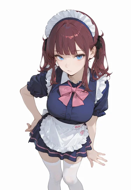 masterpiece, best quality, hyper-realistic, ultra-HD, luminous lighting, cinematic ambiance, shimmering gradients, ethereal glow, deep contrast, rich color tones, seductive atmosphere, captivating sensuality, Cinematic Lighting, raytracing, volumetric lighting, ambient occlusion, very awa, absurdres, amazing quality, ultra-detailed,8K,illustration,CG, 
BREAK 
shiny hair, clear skin, ultra-detailed-eyes, simple background, white background, cute girl, eyelashes, slender, large breasts, (mature female), slim body, long lushes, long legs, flat stomach, usnr, SagawaStyle,
BREAK
n_karin,twintails,blue eyes, maid headdress, apron, blue dress, frills, short sleeves, pink bow,
BREAK
standing, from above, 