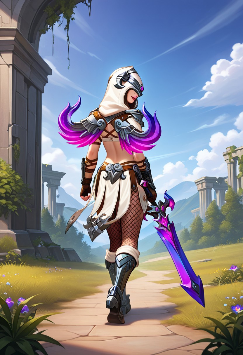 masterpiece, amazing detail, best quality, amazing quality, 1girl, screencap, accurate style, accurate colors, detailed lips, detailed eyes, outlined iris, detailed face,
N3m3s1sSM1T3, 1girl, white hood, brown hair, lips, hood over eyes,
metal bracers, leather fingerless gloves, fishnet leggings, metal greaves, holding sword, white clothes, purple and blue crystal wings,
trees, ruins, day, sky, cloud, bushes, walking, looking from behind, cowboy angle, smirk,
(((official))), (((card art)))